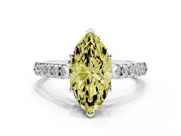 Fancy Yellow Marquise Cut Diamond Pavé Band Solitaire Ring with Prong Setting Platinum