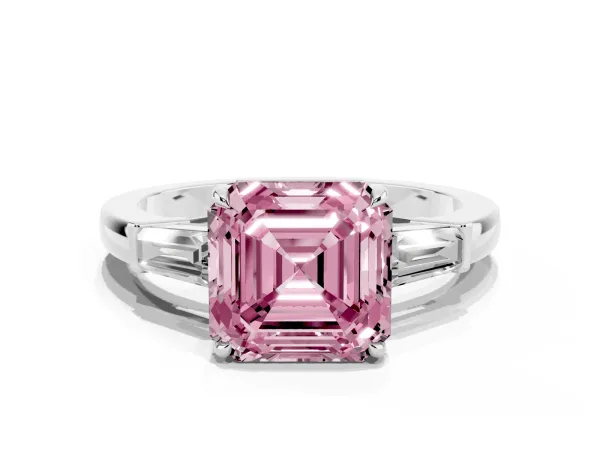 Fancy Pink Asscher Cut Diamond Three-Stone Ring with Tapered Baguette Side Stones and Prong Setting White gold