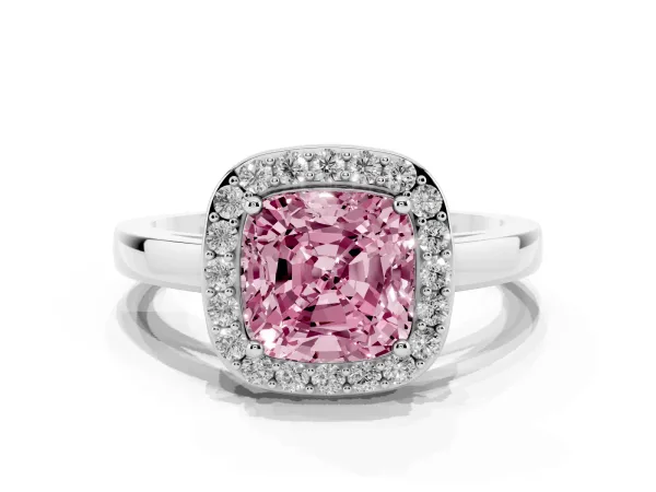 Fancy Pink Cushion Cut Halo Diamond Ring with Solitaire Band and Prong Setting Platinum