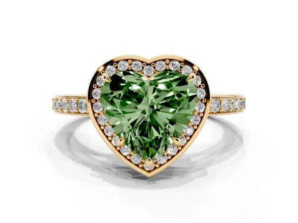 Fancy Green Heart Cut Halo Pave Band Solitaire Ring with Prong Setting Yellow gold