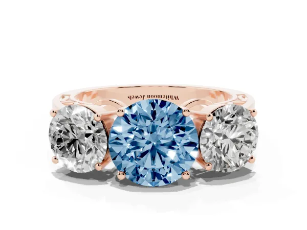 Fancy Blue Round Cut Diamond Three-Stone Ring with Prong Setting and Textured Band Rose gold