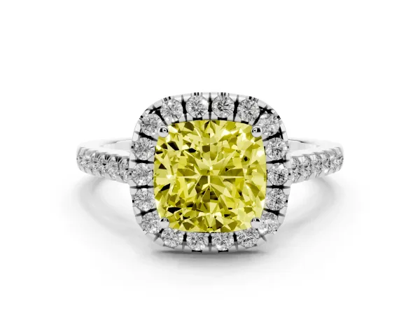 Fancy Yellow Cushion Cut Halo Pavé Diamond Engagement Ring with Four-Prong Setting Platinum