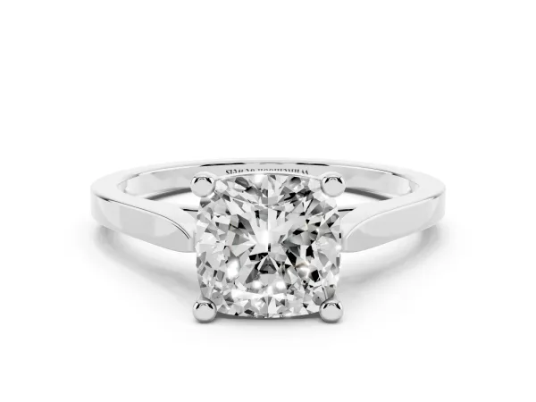 Cushion Cut Solitaire Diamond Ring with Four-Prong Setting and Tapered Band White gold