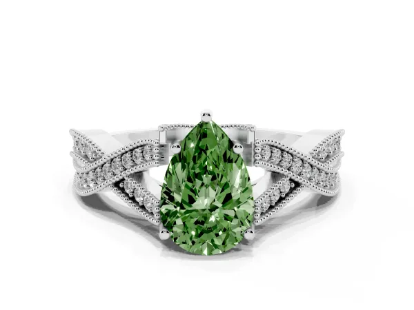 Fancy Green Pear Cut Cut Diamond Twisted Band with Milgrain Pave Setting and Four-Prong Setting Platinum