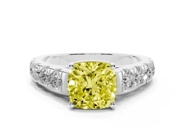 Fancy Yellow Cushion Cut Cut Diamond Solitaire Ring with Micro Pave Band and Prong Setting White gold