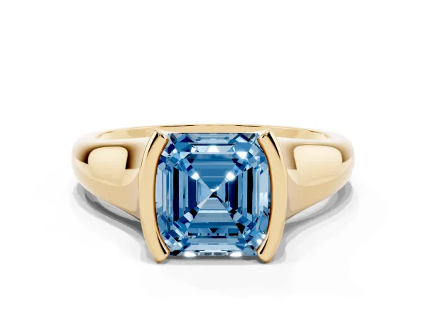 Fancy Blue Asscher Cut Solitaire Tension Set Diamond Ring with Split Shank Band Yellow gold