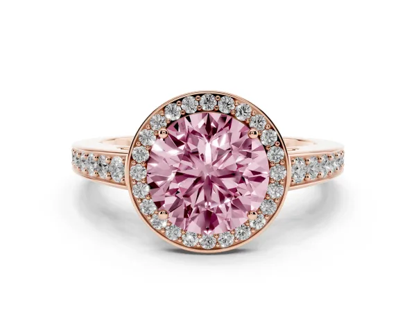 Fancy Pink Round Cut Halo Pavé Diamond Engagement Ring with Bezel Setting Rose gold