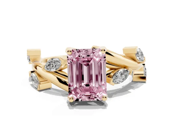 Fancy Pink Emerald Cut Solitaire Twisted Band Marquise Accent Prong Setting Ring Yellow gold