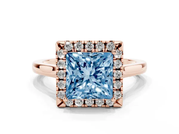 Fancy Blue Princess Cut Halo Round Diamond Solitaire Ring with Pavé Band and Four-Prong Setting Rose gold