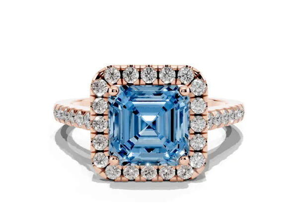 Fancy Blue Asscher Cut Halo Pavé Diamond Engagement Ring with Four-Prong Setting Rose gold