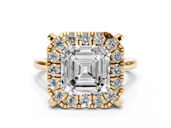 Asscher Cut Diamond Cluster Halo Solitaire with Four-Prong Setting Yellow gold