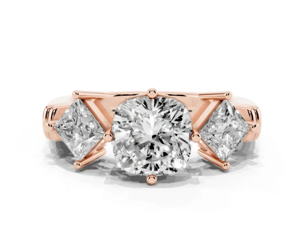 Three-Stone Cushion Cut and Princess Cut Diamond Ring with Channel Band and Four-Prong Setting Rose gold