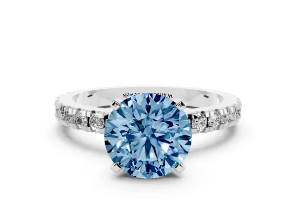 Fancy Blue Round Cut Diamond Pavé Band Solitaire with Four-Prong Setting White gold