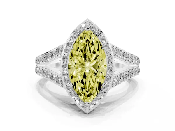 Fancy Yellow Marquise Cut Diamond Split Shank Halo Ring with Four-Prong Setting Platinum