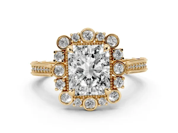 Radiant Cut Halo Milgrain Pave Diamond Ring with Four-Prong Setting Yellow gold