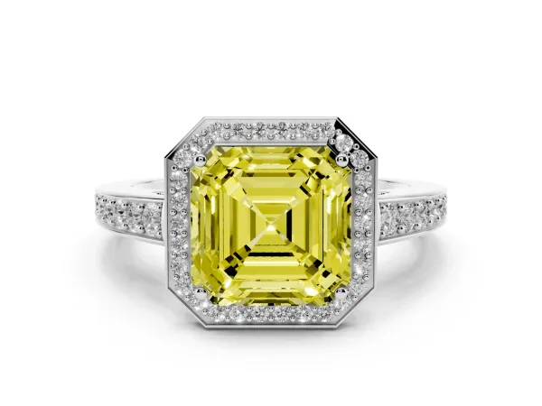 Fancy Yellow Asscher Cut Halo Pavé Diamond Engagement Ring with Bezel Setting White gold