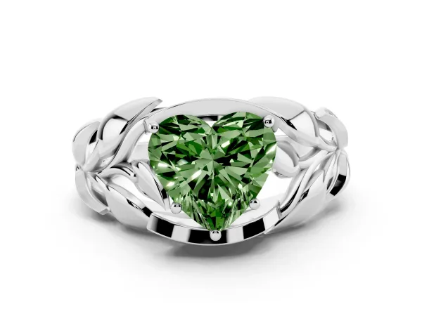 Fancy Green Heart Cut Diamond Leaf-Inspired Engagement Ring with Round Accents and Prong Setting White gold