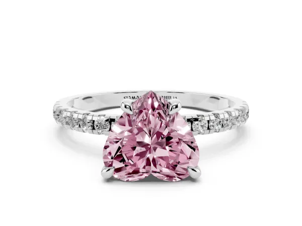 Fancy Pink Heart Cut Diamond Brilliant Solitaire Ring with Pavé Band and Four-Prong Setting White gold