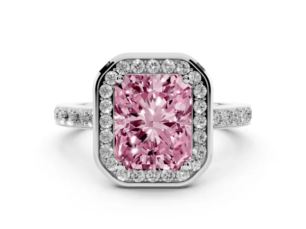 Fancy Pink Radiant Cut Diamond Halo Ring with Bezel Frame and Pavé Band White gold