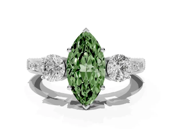 Fancy Green Marquise Cut Three-Stone Diamond Ring with Pavé Band and Four-Prong Setting Platinum