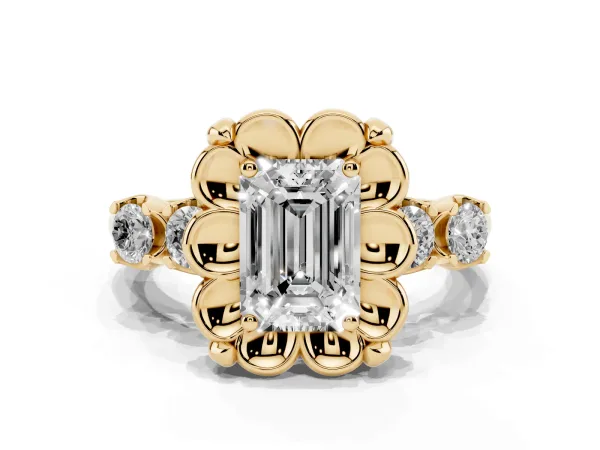 Emerald Cut Cut Diamond Floral Halo Engagement Ring with Shared Prong Setting Yellow gold