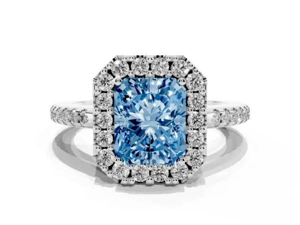 Fancy Blue Radiant Cut Diamond Pavé Halo Ring with Four-Prong Setting White gold