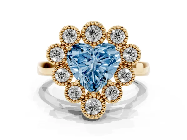 Fancy Blue Heart Cut Halo Diamond Cluster Engagement Ring with Milgrain Bezel Setting and Solitaire Band Yellow gold