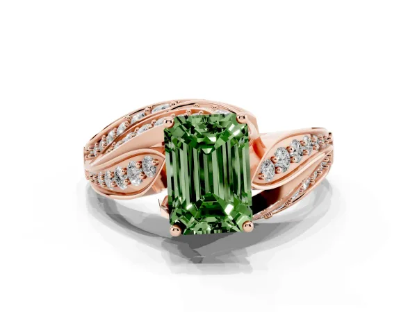 Fancy Green Emerald Cut Diamond Solitaire Ring with Prong Setting and Twisted Pavé Band Rose gold