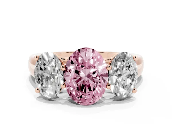 Fancy Pink Oval Cut Three-Stone Diamond Ring with Prong Setting on a Classic Band Rose gold