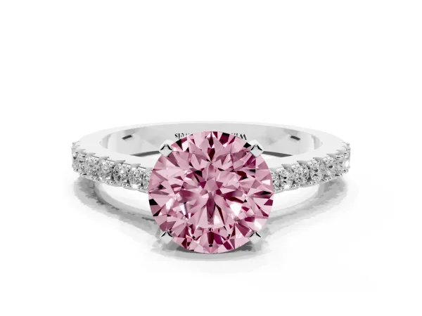 Fancy Pink Round Cut Cut Solitaire Diamond Engagement Ring with Pave Band and Four-Prong Setting Platinum