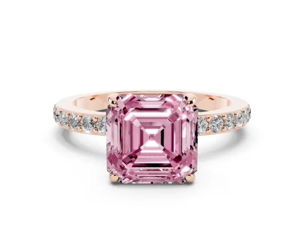 Fancy Pink Asscher Cut Diamond Solitaire Engagement Ring with Pavé Band and Four-Prong Setting Rose gold
