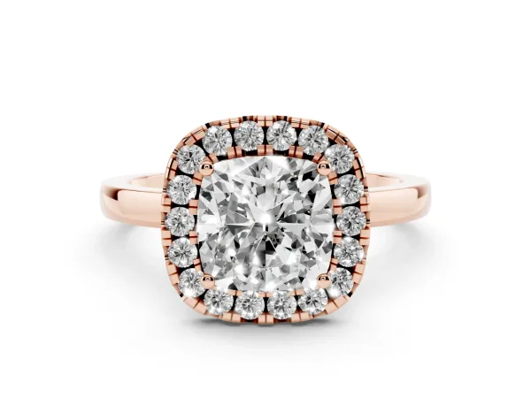 Cushion Cut Halo Diamond Solitaire with Pavé Band and Four-Prong Setting Rose gold