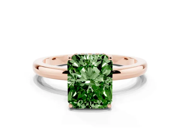 Fancy Green Radiant Cut Solitaire Diamond Ring with Prong Setting and Plain Band Rose gold