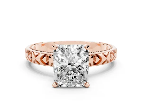 Radiant Cut Solitaire Diamond Engagement Ring with XO Engraved Band and Four-Prong Setting Rose gold