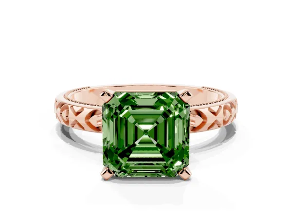 Fancy Green Asscher Cut Solitaire Diamond Engagement Ring with XO Engraved Band and Four-Prong Setting Rose gold