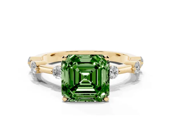 Fancy Green Asscher Cut Solitaire Diamond Ring with Bezel Set Side Stones and Prong Setting Yellow gold