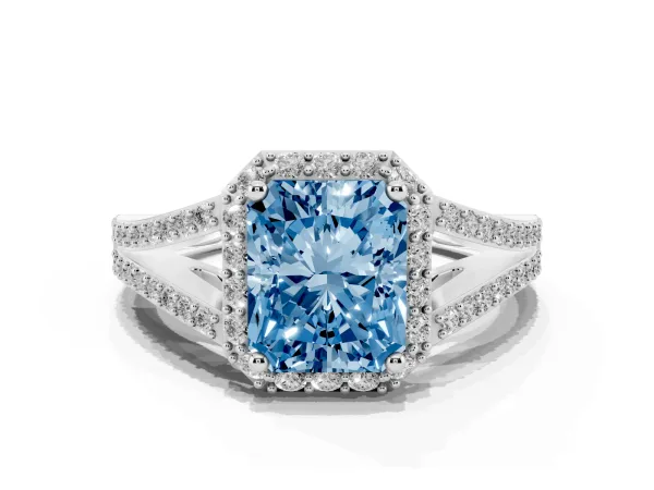 Fancy Blue Radiant Cut Halo Split Shank Pave Diamond Ring with Four-Prong Setting Platinum