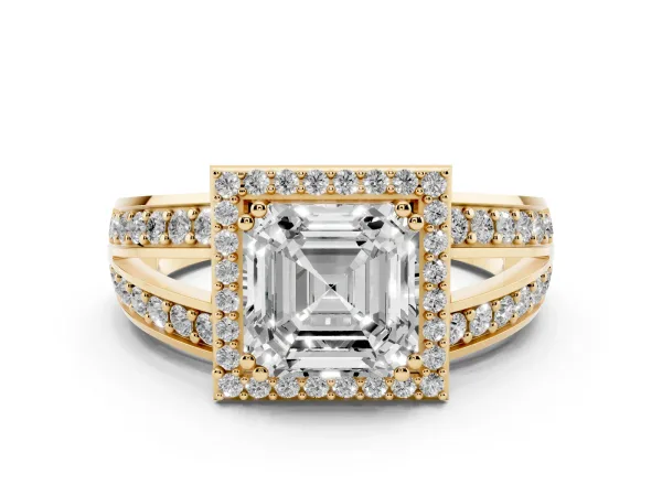 Asscher Cut Diamond Halo Ring with Split Shank Pavé Band and Four-Prong Setting Yellow gold