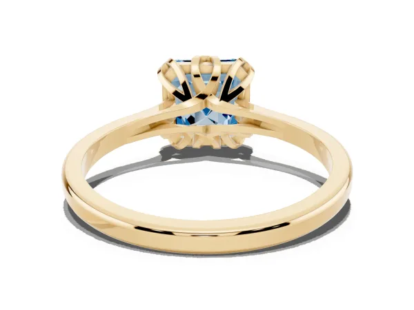 Fancy Blue Asscher Cut Diamond Solitaire Ring with Flower Prong Setting and Classic Band Yellow gold