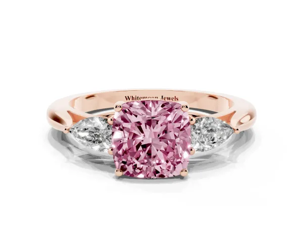 Fancy Pink Three-Stone Cushion Cut Brilliant Diamond Solitaire Ring with Tapered Band and Four-Prong Setting Rose gold