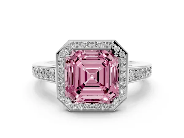 Fancy Pink Asscher Cut Halo Pavé Diamond Engagement Ring with Bezel Setting White gold