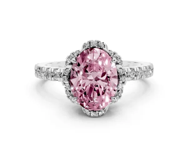Fancy Pink Oval Cut Halo Diamond Pave Band Ring with Four-Prong Setting Platinum