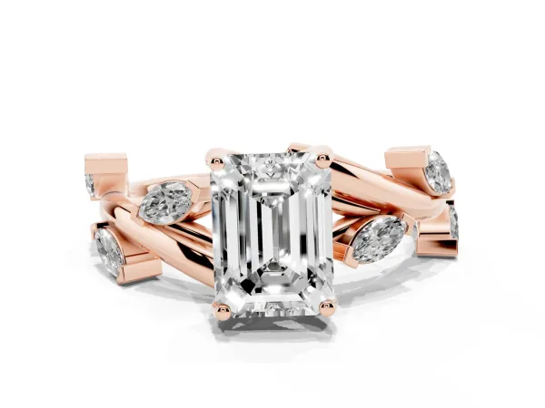 Emerald Cut Solitaire Twisted Band Marquise Accent Prong Setting Ring Rose gold