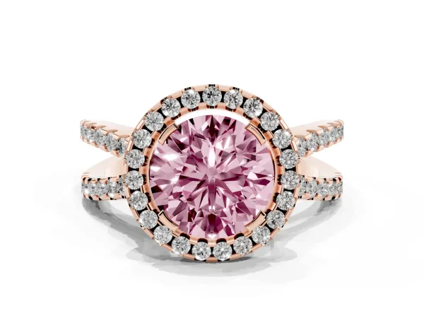 Fancy Pink Round Cut Diamond Halo Ring with Split Shank Pavé Band and Prong Setting Rose gold