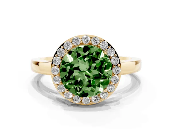 Fancy Green Round Cut Halo Diamond Ring with Solitaire Band and Prong Setting Yellow gold