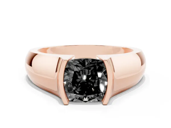 Fancy Black Cushion Cut Solitaire Bezel Set Diamond Ring with Wide Band Rose gold