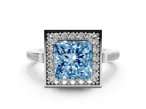 Fancy Blue Princess Cut Diamond Halo Ring with Split Shank and Four-Prong Setting Platinum
