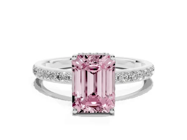 Fancy Pink Emerald Cut Diamond Solitaire Ring with Pavé Band and Hidden Halo White gold