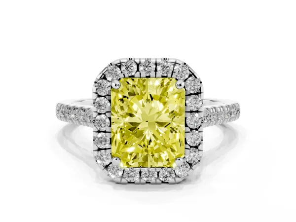 Fancy Yellow Radiant Cut Diamond Cushion Halo Ring with Pavé Band White gold
