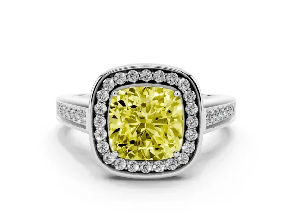 Fancy Yellow Cushion Cut Halo Solitaire Diamond Ring with Pave Band and Bezel Setting White gold